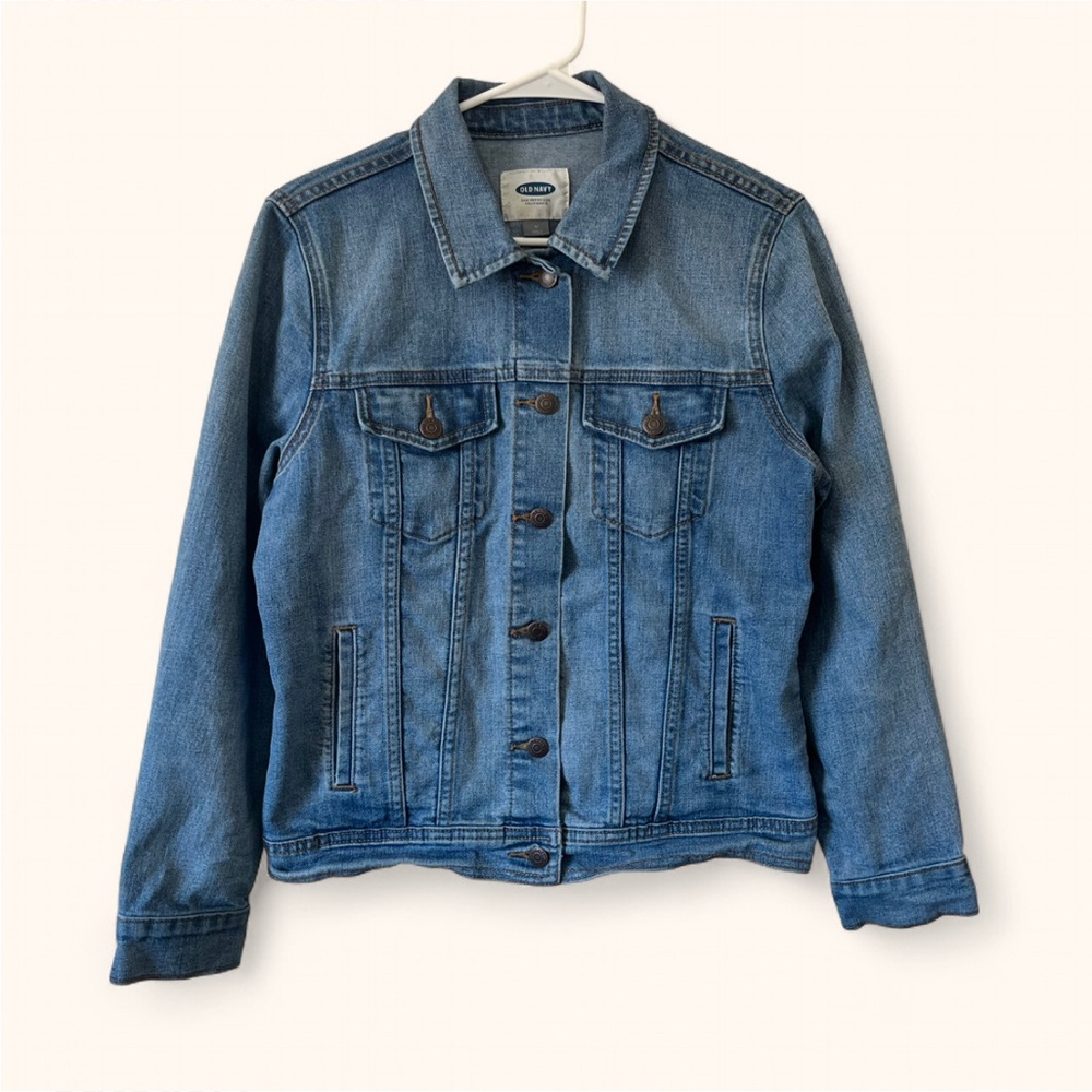 Women’s Medium Old Navy Blue Denim Jean Trucker Jacket Boho Grunge Button Up